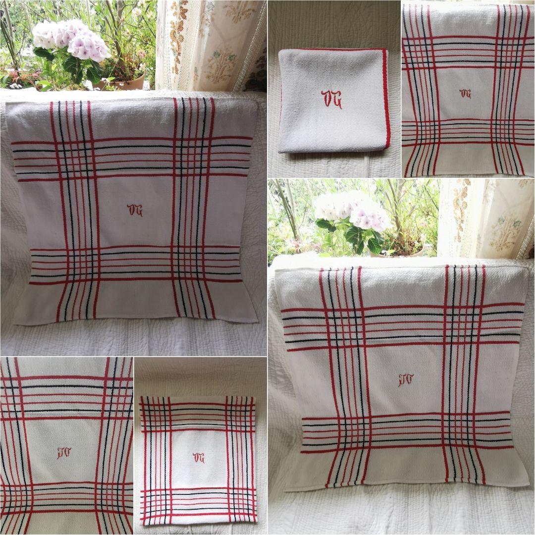 アンティークバスク織り緻密な織模様クロス 赤＆ネイビー イニシャル刺繍トーション