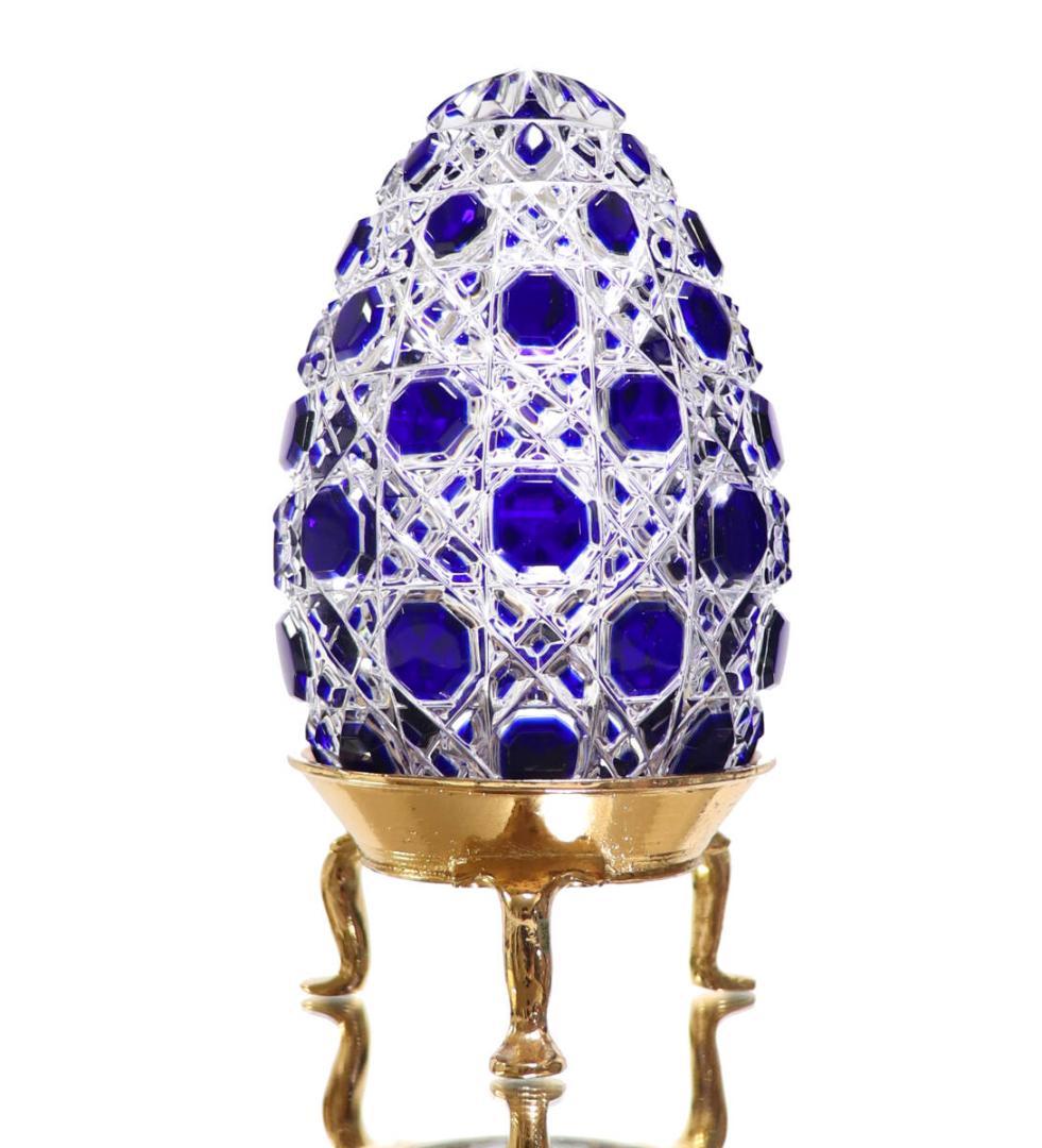 オールド・バカラ 珍品 上級作品 青色被せ装飾 台座付き 切子 置物 ディアマン