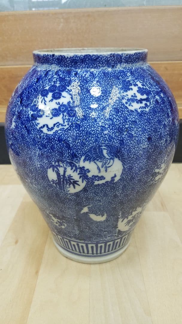 【沈香壺】　印判　微塵　窓絵　鶴亀　松竹梅　時代物　花瓶