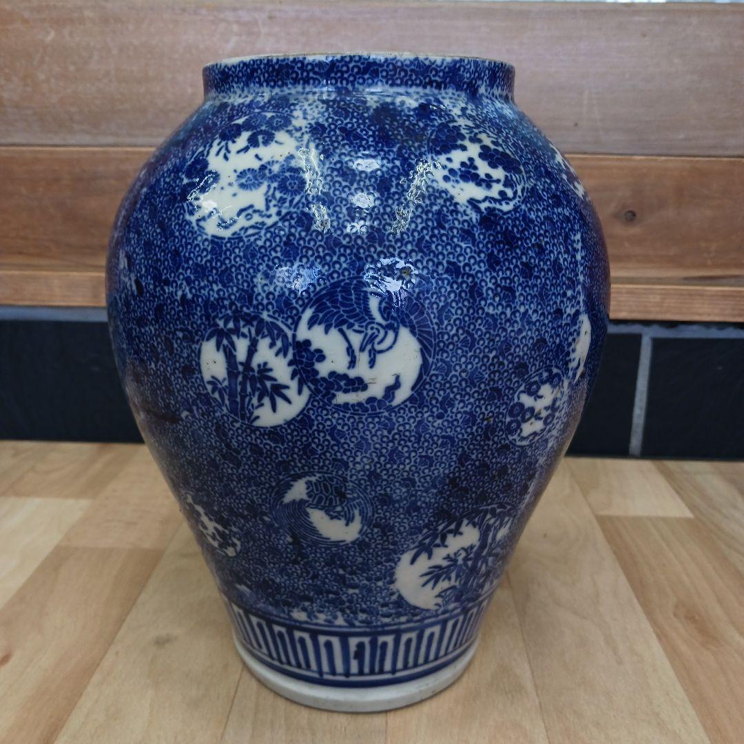 【沈香壺】　印判　微塵　窓絵　鶴亀　松竹梅　時代物　花瓶