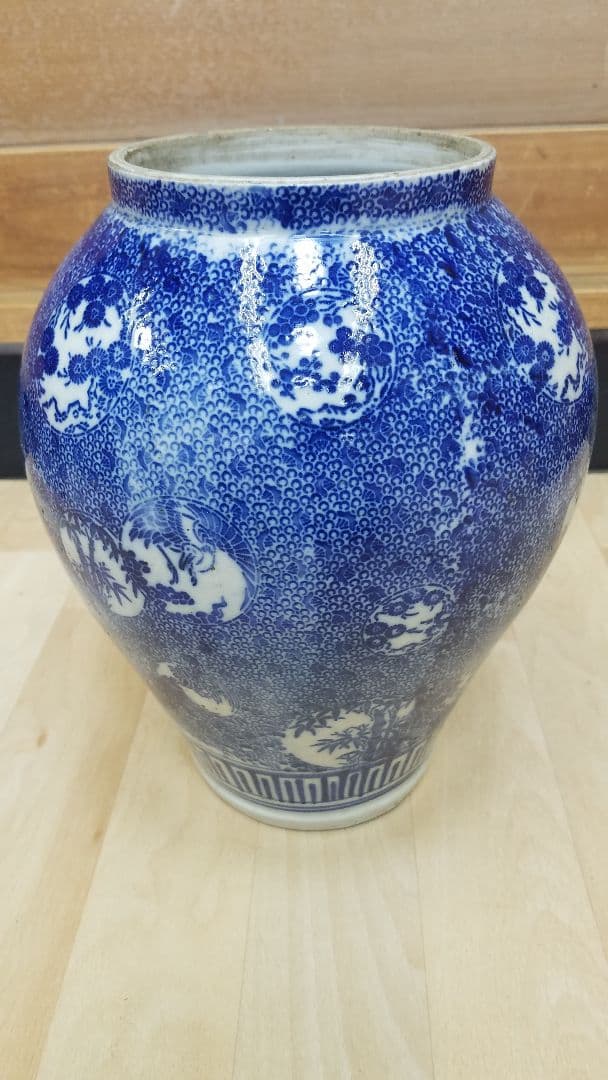 【沈香壺】　印判　微塵　窓絵　鶴亀　松竹梅　時代物　花瓶