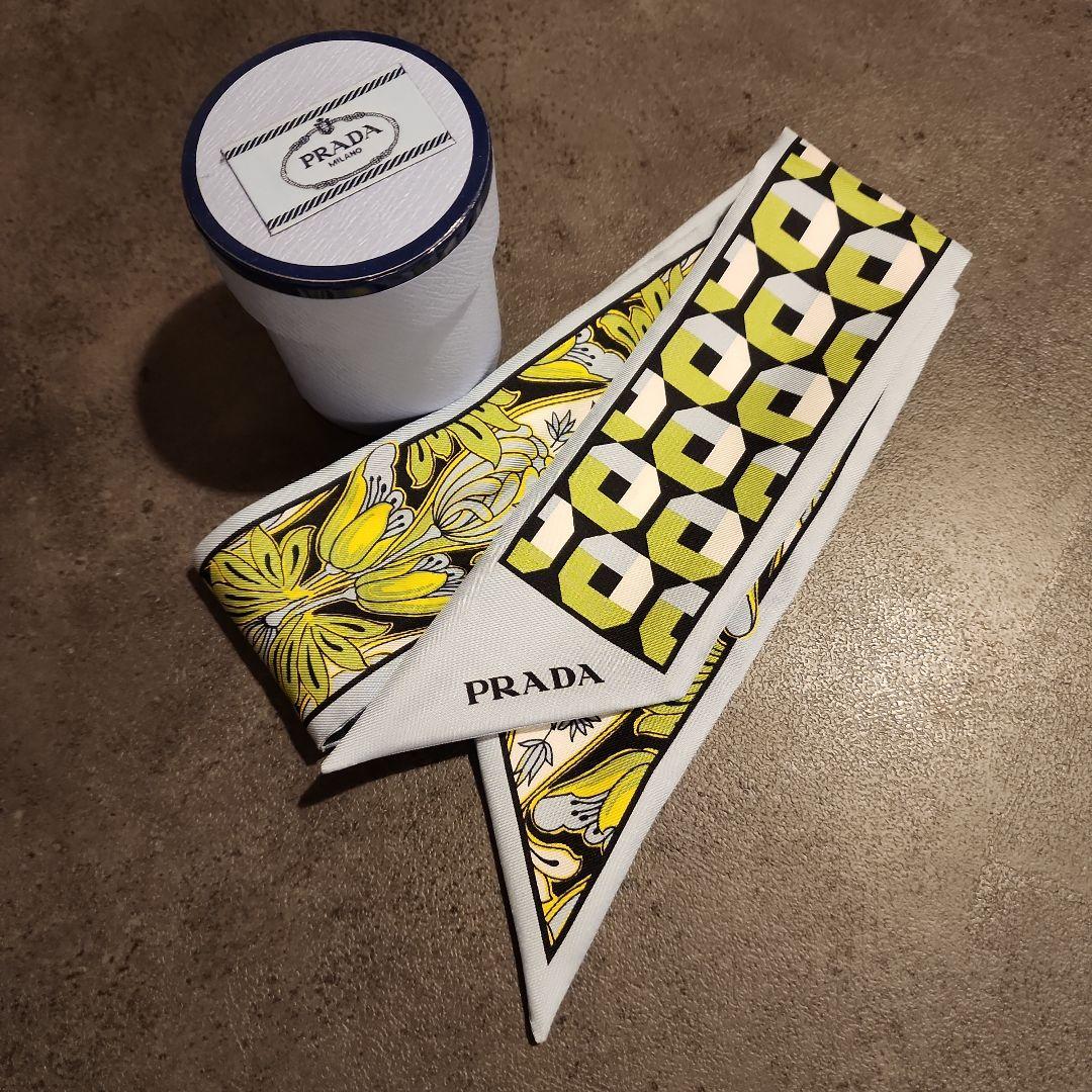 ▼PRADA　プリントツイル　シルク　スカーフ　リボン　箱ナシ