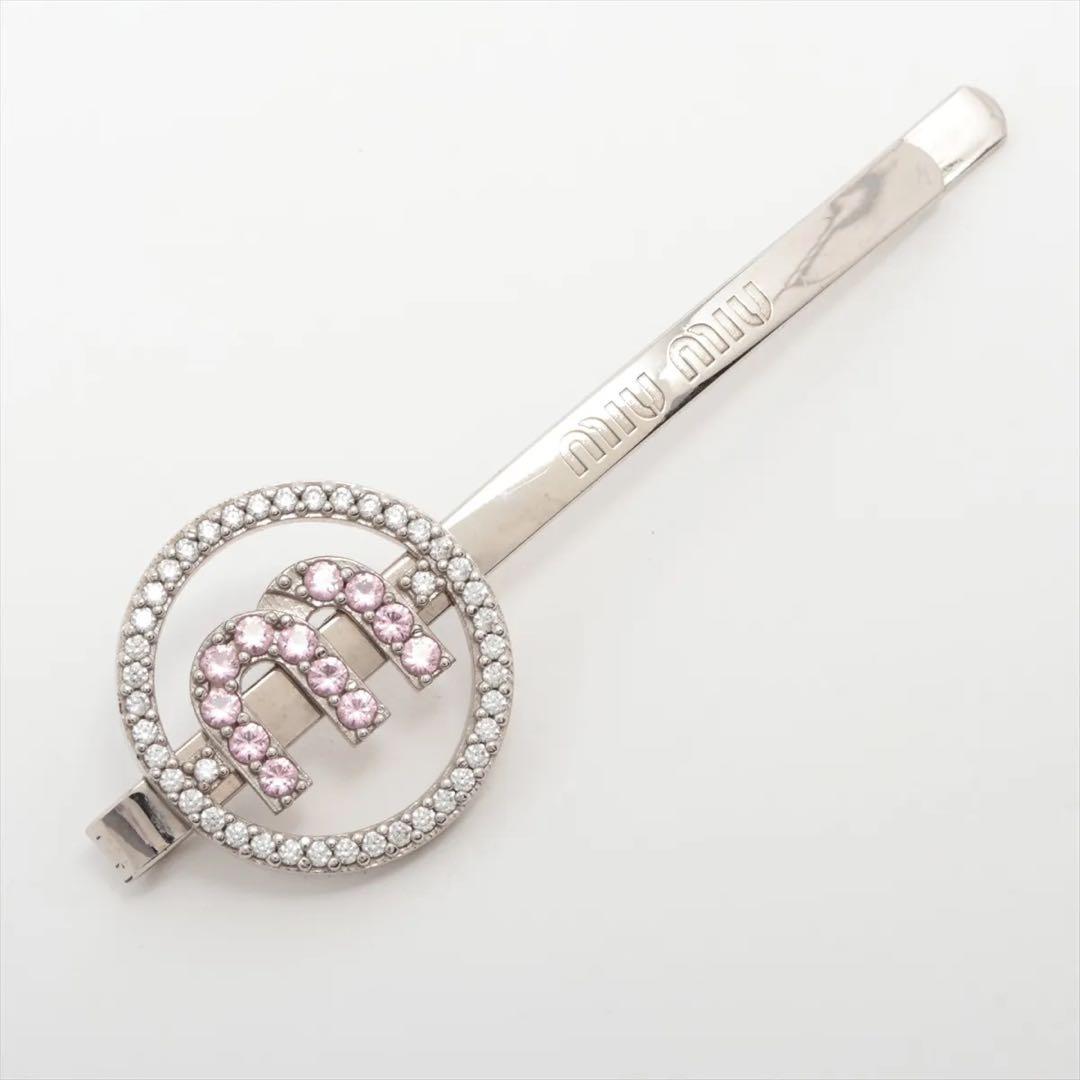 ミュウミュウ　ヘアピン　GP ラインストーン　サークルロゴ　シルバー　ピンク