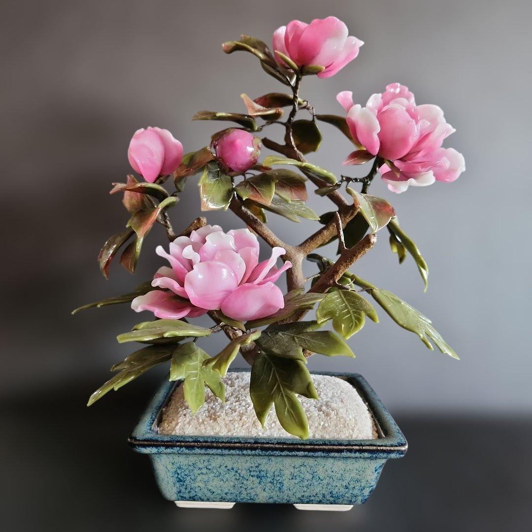 ガラス細工手作り牡丹の盆栽仕立て置物
