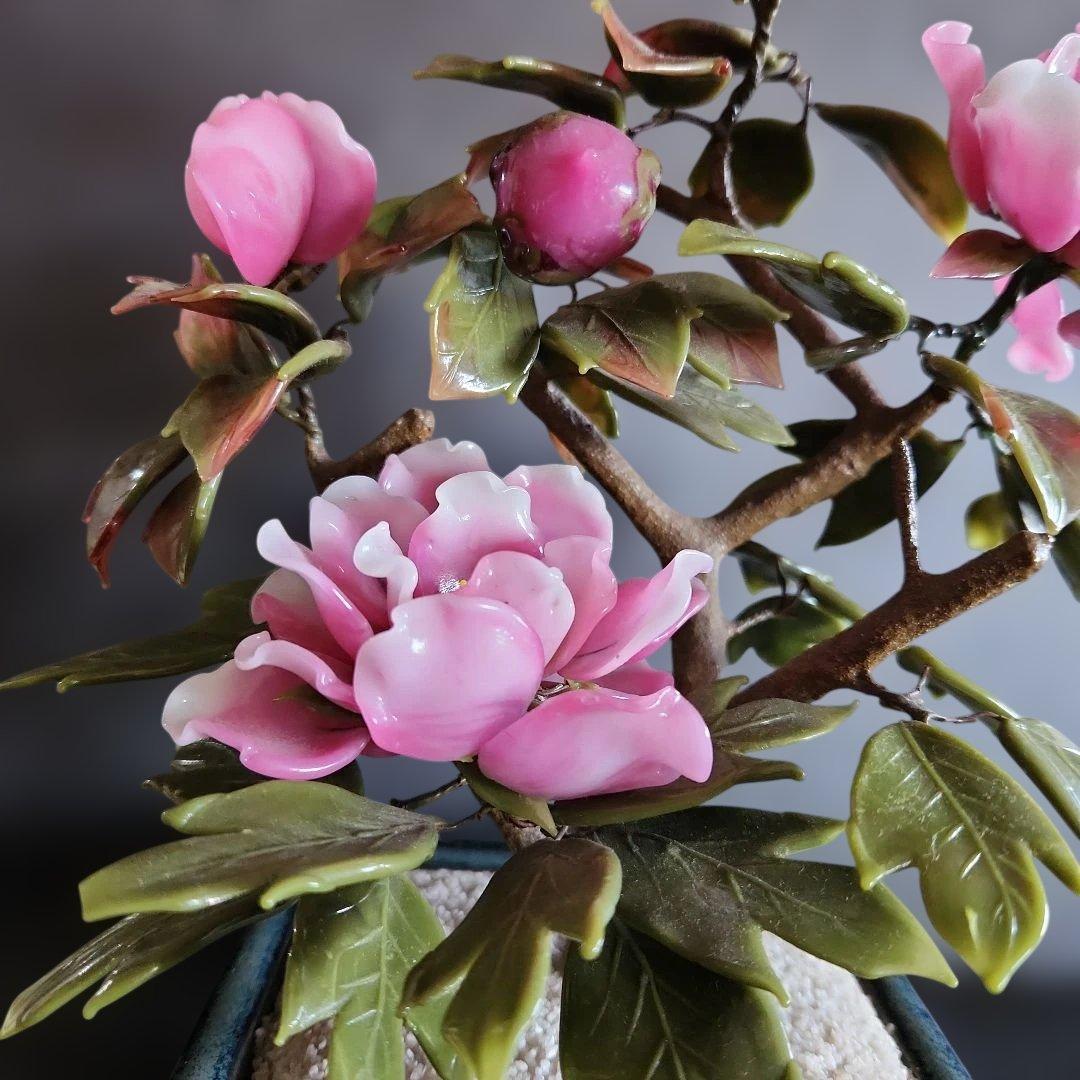 ガラス細工手作り牡丹の盆栽仕立て置物