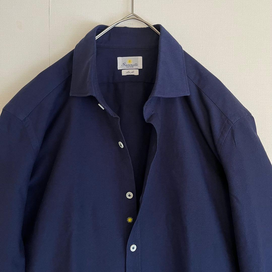 【希少XL★未使用級】ジャンネットワイドスプレッドカラーシャツ★ネイビー刺繍ロゴ