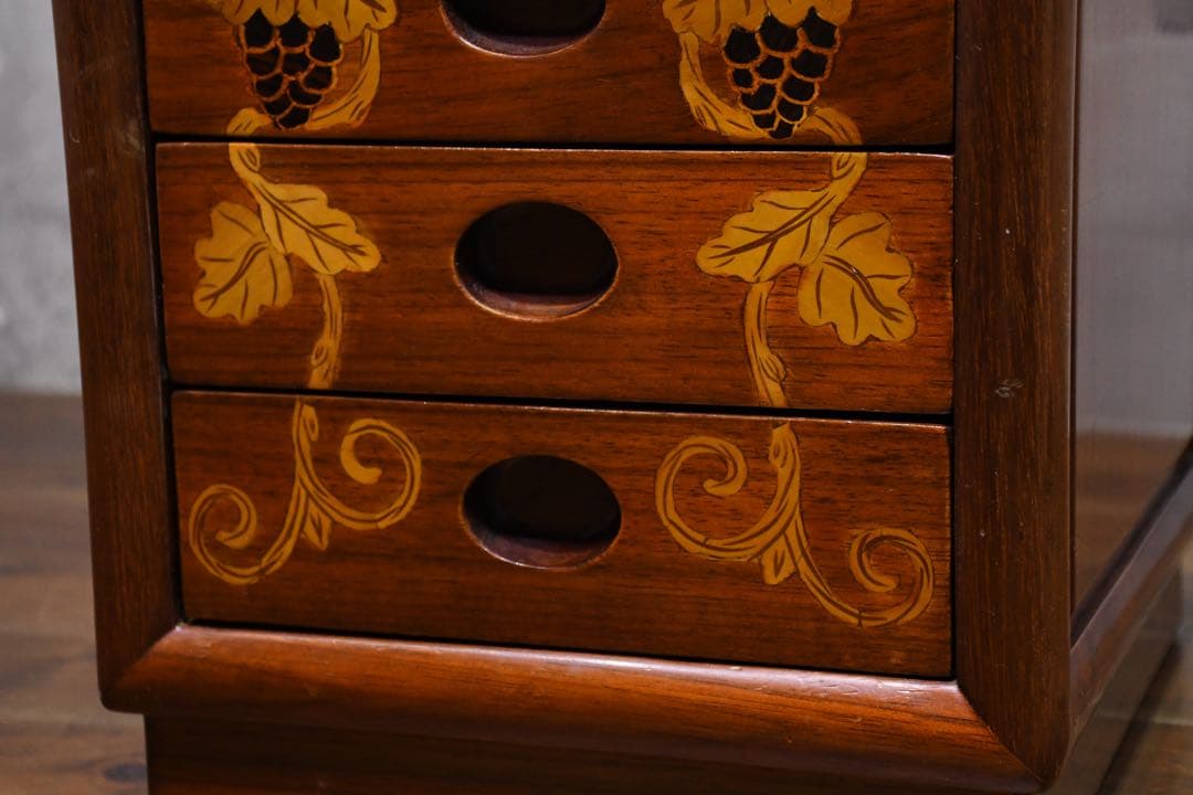 CHC46 唐木 カリン/花梨 無垢材 葡萄柄 象嵌細工 5段小引出し 姫タンス