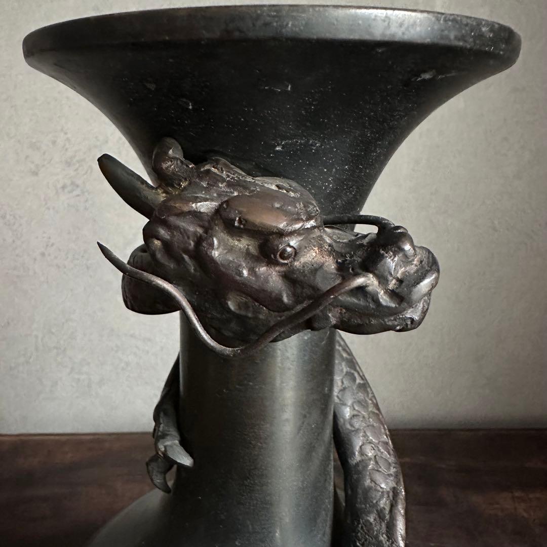 【希少】　古銅　銅製　鉄龍巻　龍巻花瓶　雄峰造　花入　高岡銅器　金工美術　大