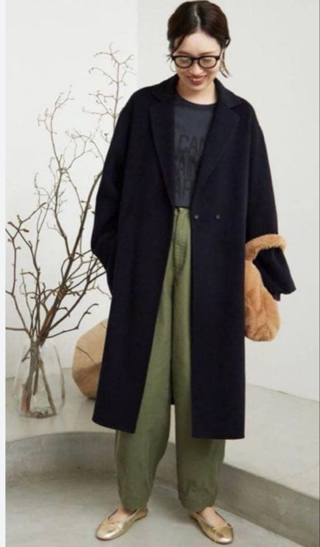 スローブイエナ HAMILTONダブルフェイスウールチェスターコート　ネイビー