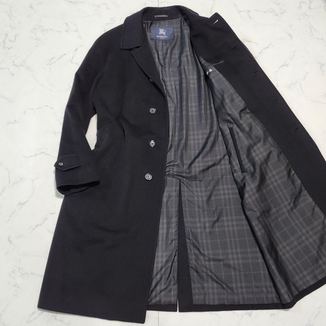 希少XL☆バーバリーロンドン　ステンカラーコート　カシミヤ混　ノバチェック　黒