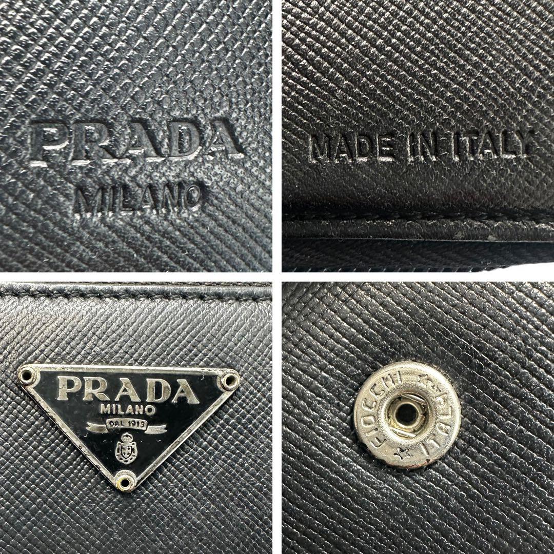 【美品】プラダ 2つ折り長財布 サフィアーノレザー ブラック 黒 三角プレート