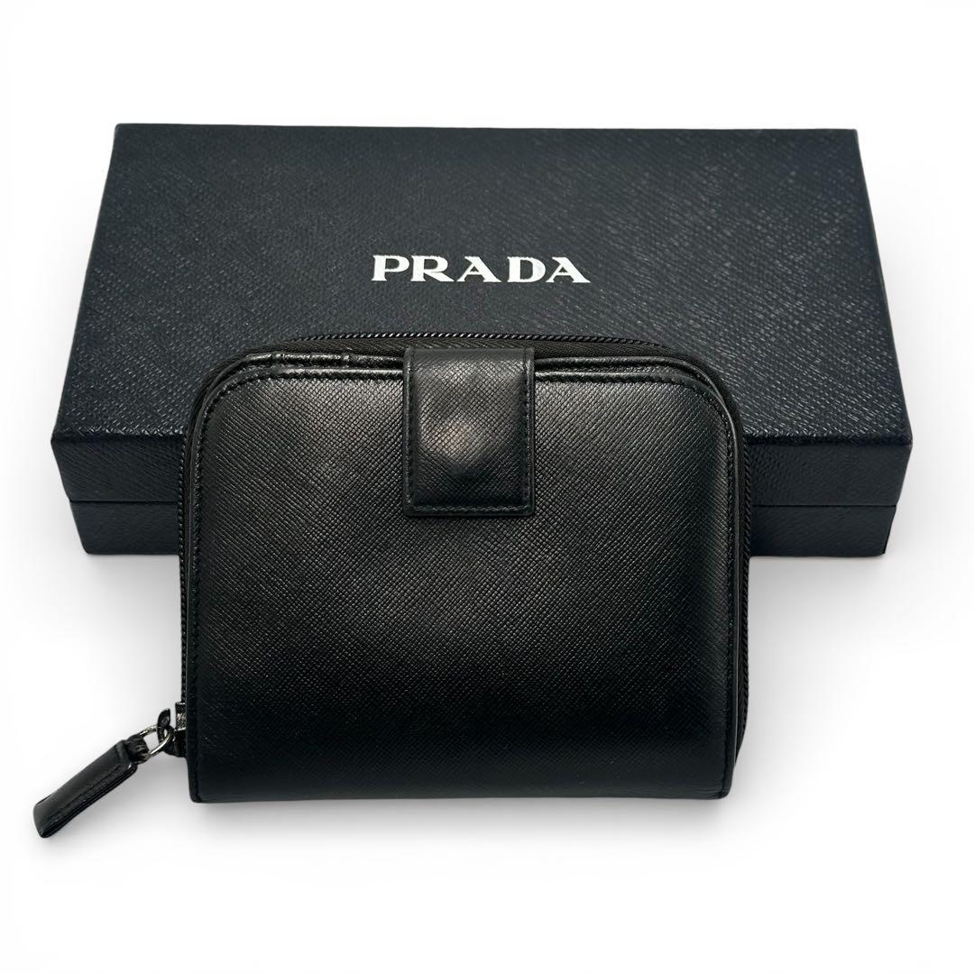 【美品】プラダ 2つ折り長財布 サフィアーノレザー ブラック 黒 三角プレート