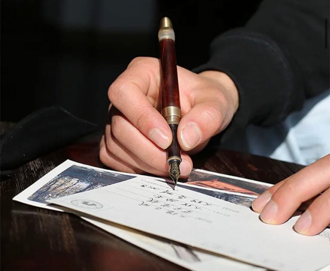 真鍮万年筆　 曲線デザイン木製スタンド　ペンケース付き