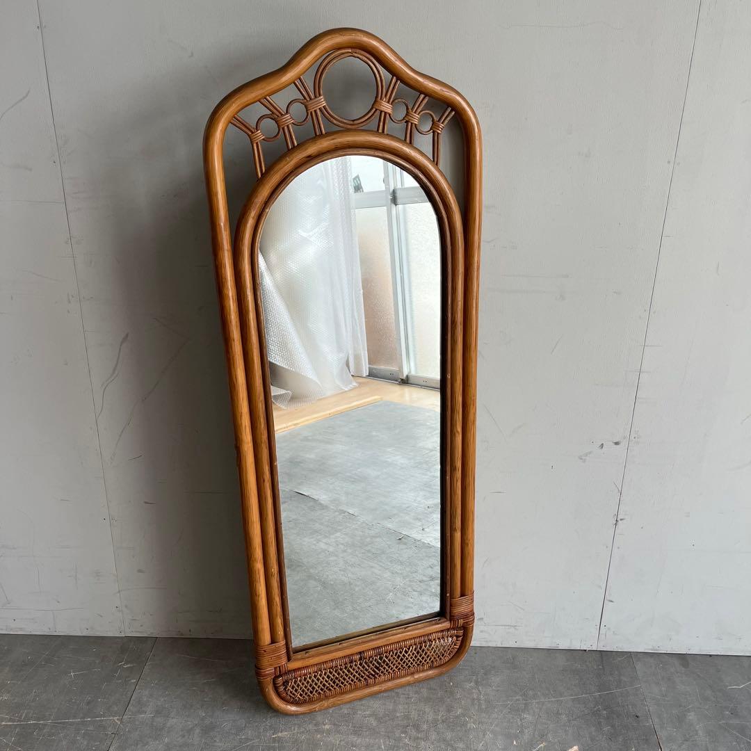 ヴィンテージ ラタン 籐 ウォールミラー 鏡 昭和レトロ
