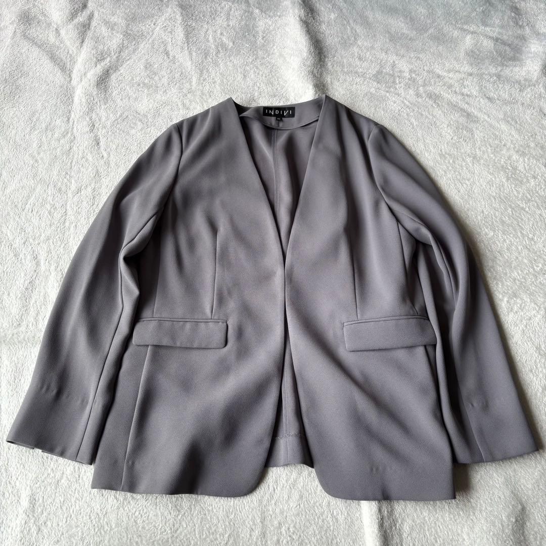 ✨️美品 INDIVI インディヴィ ノーカラー スーツ 3点 グレー Lサイズ