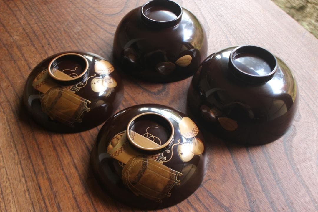 時代逸品！時代金縁黒漆に極上貝桶蒔絵の映えるお椀2点（検検京塗輪島塗蒔絵椀