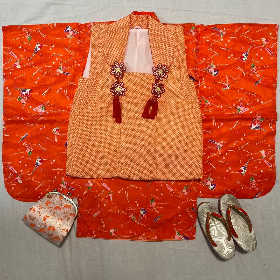 七五三　3歳　被布　オレンジ　かのこ被布　着物セット