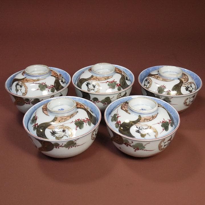 古伊万里 富長貴春 染付 金彩色絵 松鶴文 蓋付茶碗 5個セット　　ｍ353