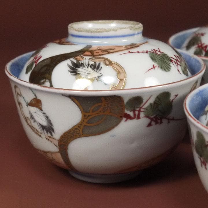 古伊万里 富長貴春 染付 金彩色絵 松鶴文 蓋付茶碗 5個セット　　ｍ353