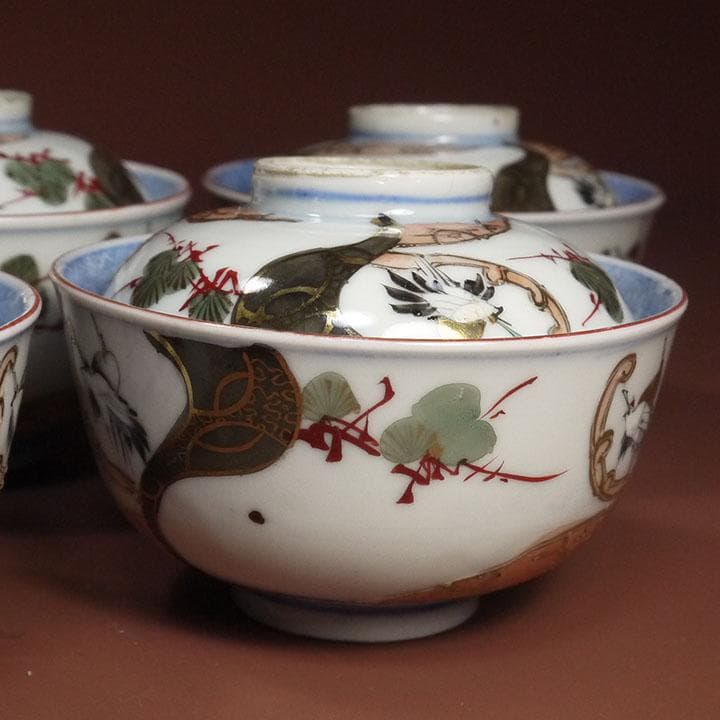 古伊万里 富長貴春 染付 金彩色絵 松鶴文 蓋付茶碗 5個セット　　ｍ353