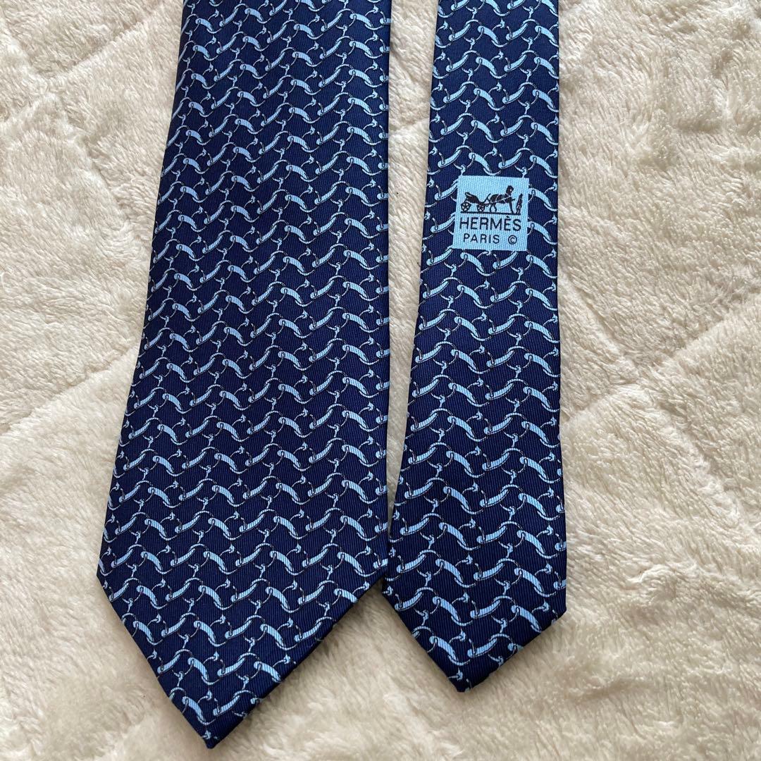 未使用に近い　HERMES エルメス　ネクタイ　ネイビー／ライトブルー　箱付
