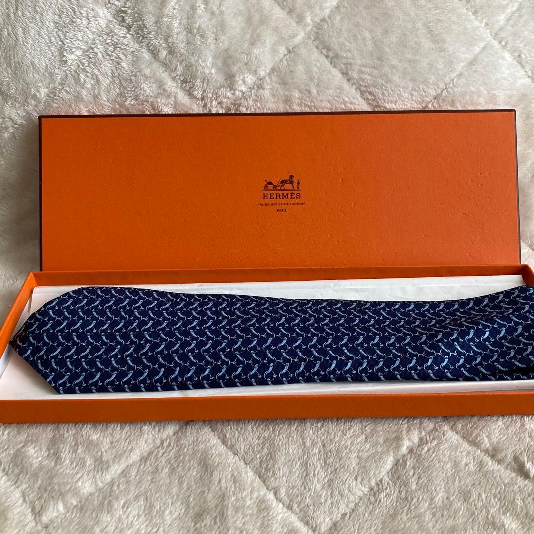 未使用に近い　HERMES エルメス　ネクタイ　ネイビー／ライトブルー　箱付