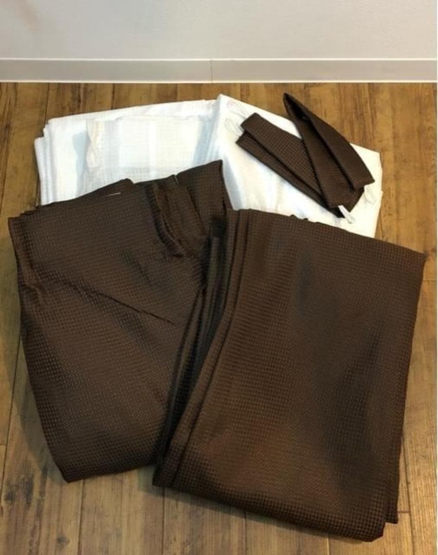 新品☆幅150×丈230㎝♪わけあり♪茶系♪ワッフル遮光カーテン＆レースp980