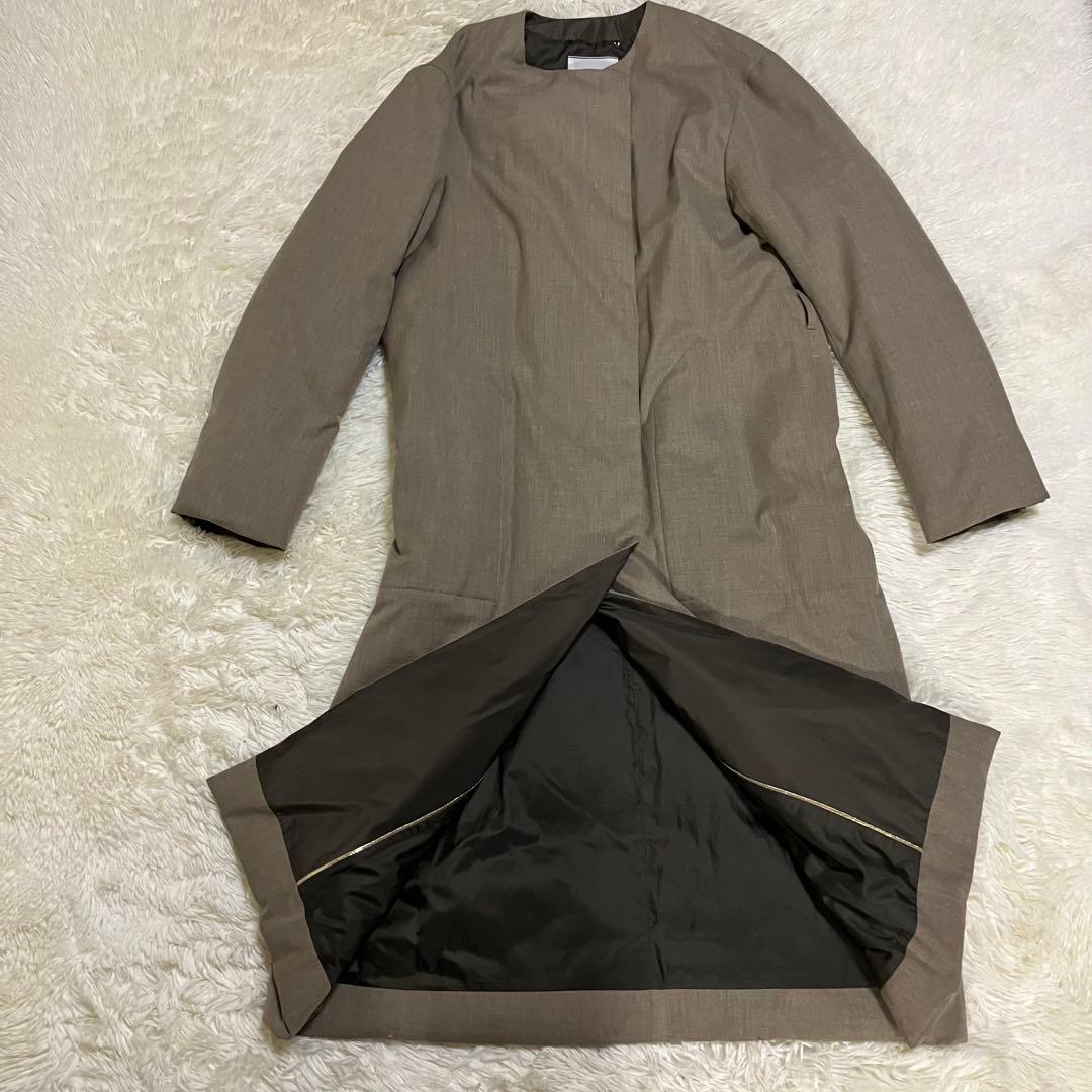 美品　ベイジ　ノーカラー　ロング　ダウン　ブラウン　Aライン　コート