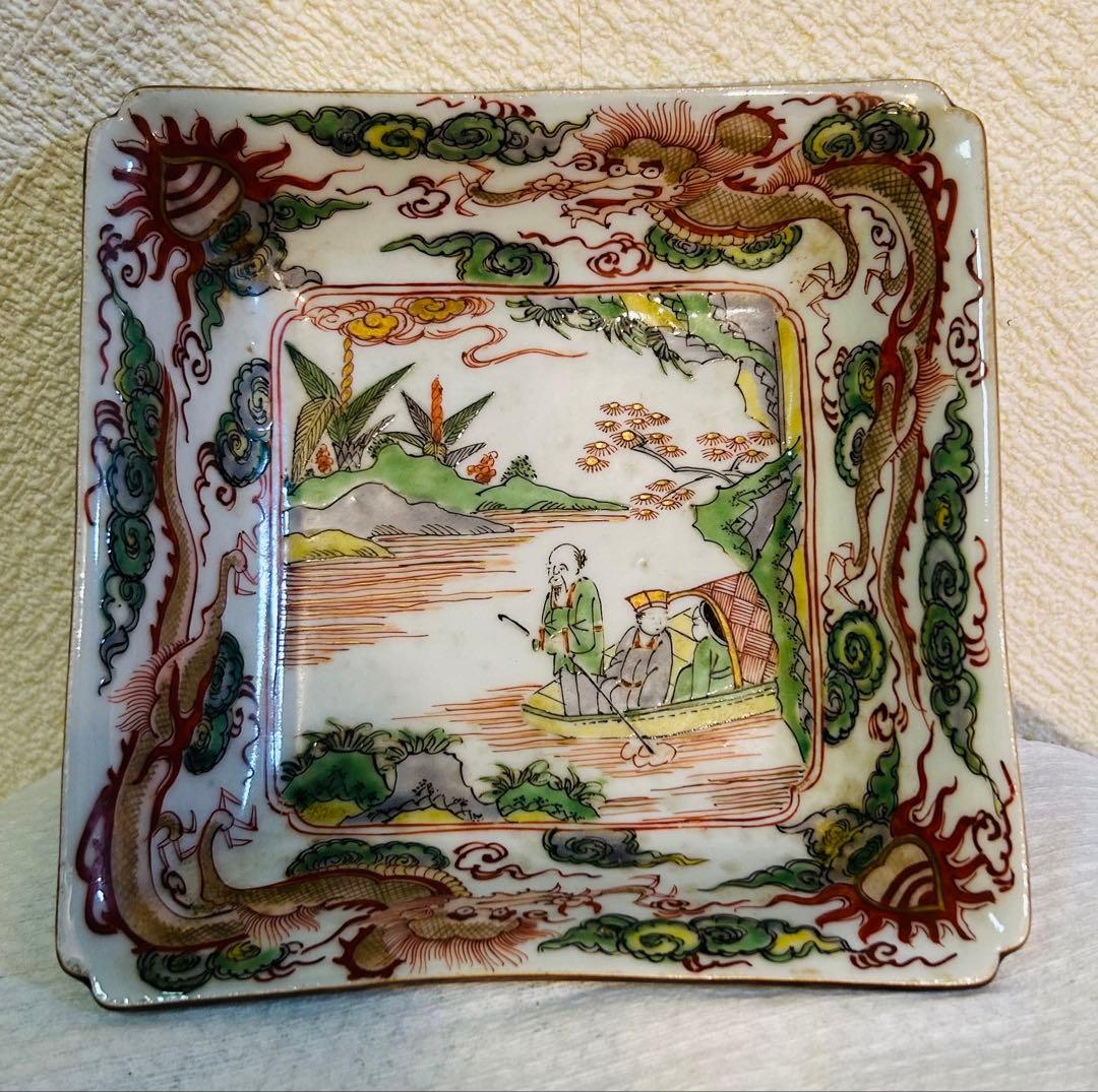 中国古玩南京赤絵角皿幅約14cm