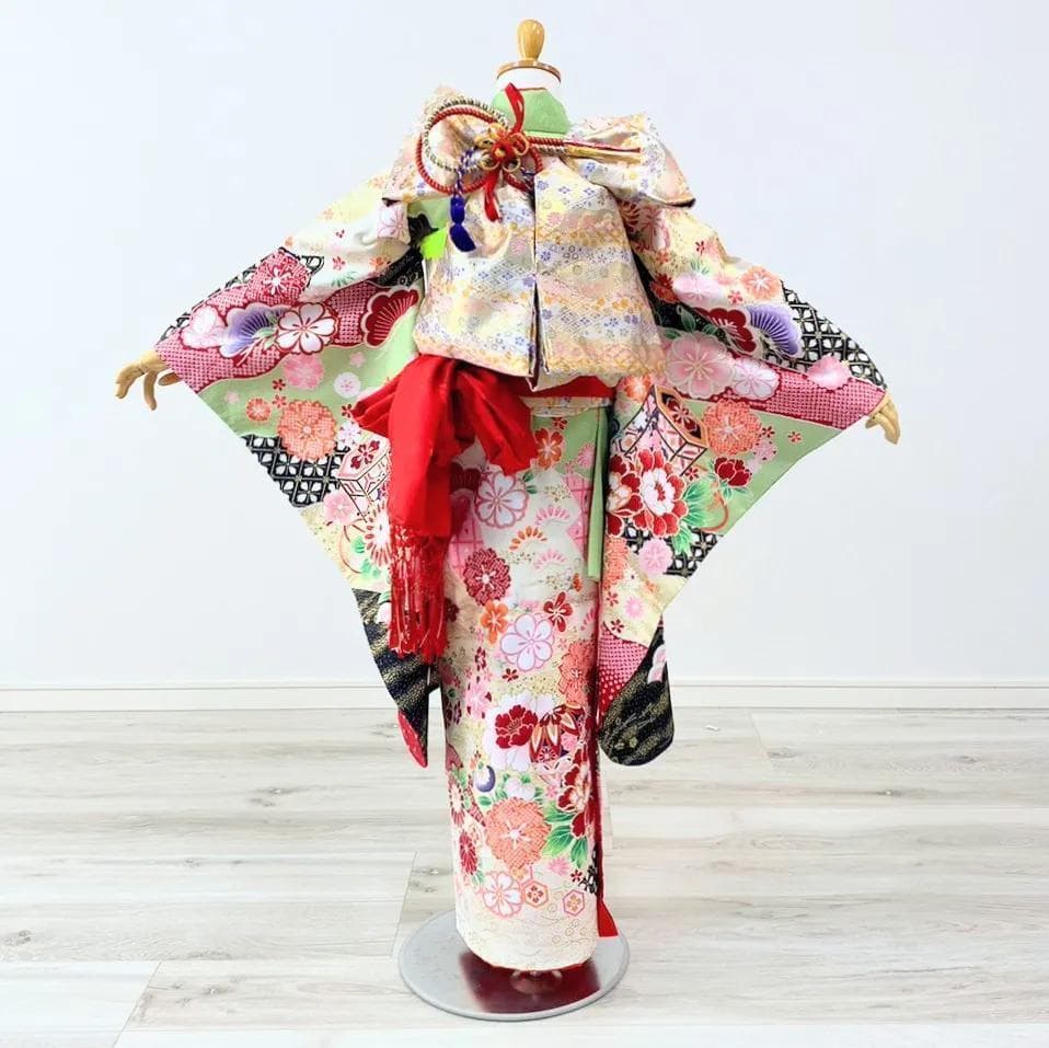 七五三 女の子 7歳 四つ身 着物 帯 筥迫 フルセット 古典 緑 BY10-4