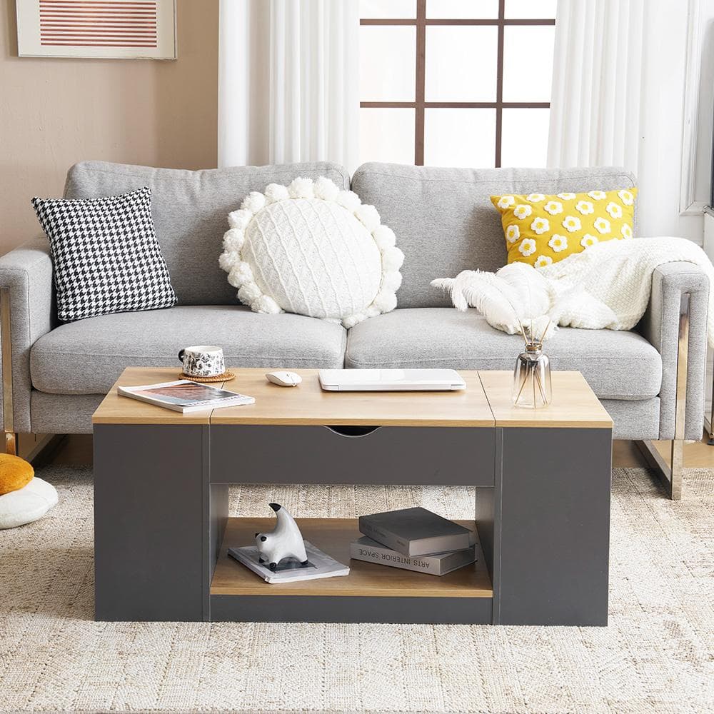 センターテーブル 昇降テーブル大容量収納 収納付き 幅110CM【ダークグレー】