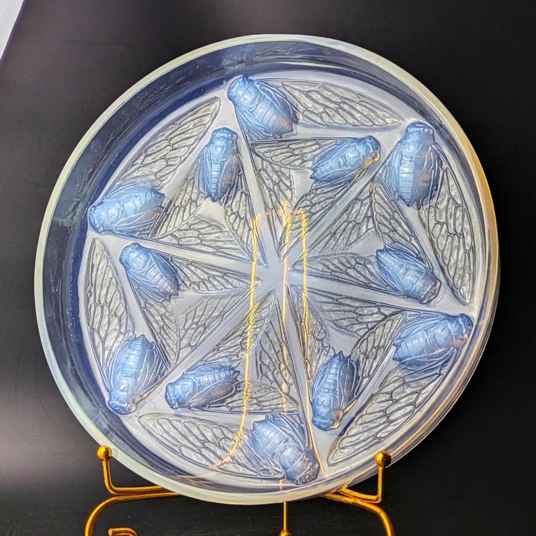 ラリックCigales 1921年セミ紋様26cm大蓋物 純正台座付　極希少