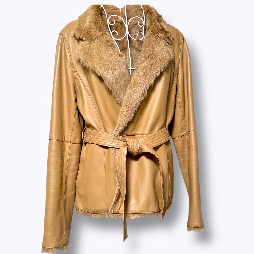 ベアトリス✨ラムレザー ファーベルト付 ジャケット 42 ライトブラウン
