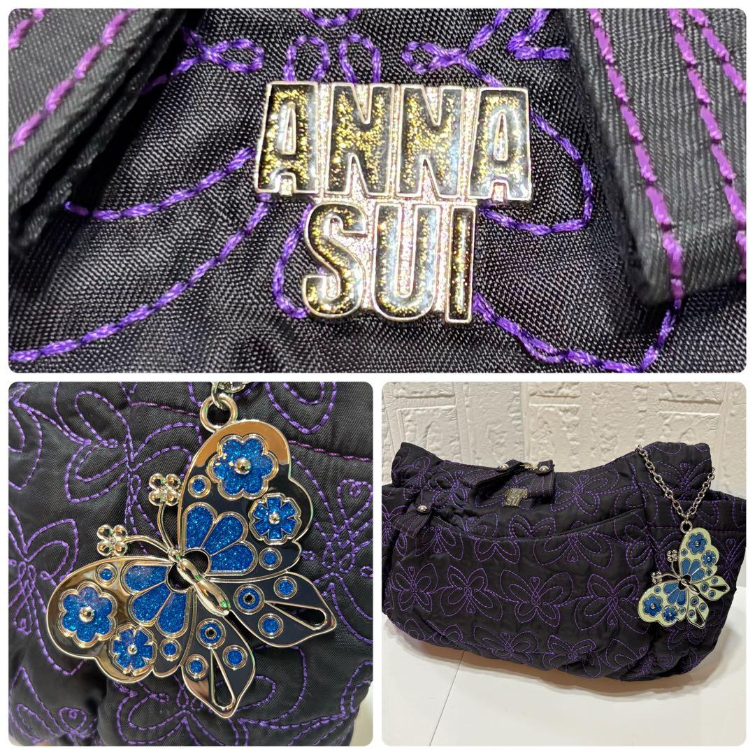 ANNA SUIアナスイ ショルダーバッグ　　キルティング 刺繍 黒紫バタフライ