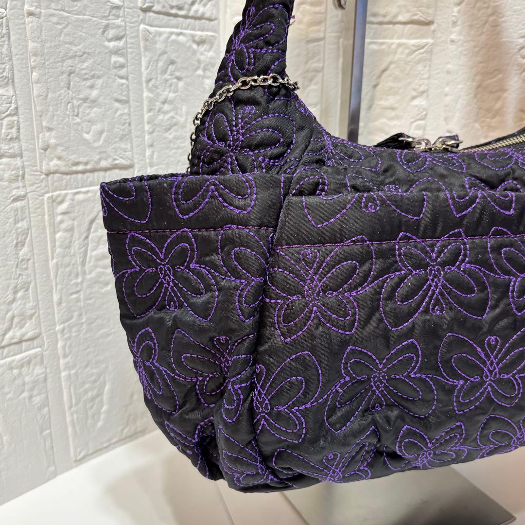 ANNA SUIアナスイ ショルダーバッグ　　キルティング 刺繍 黒紫バタフライ