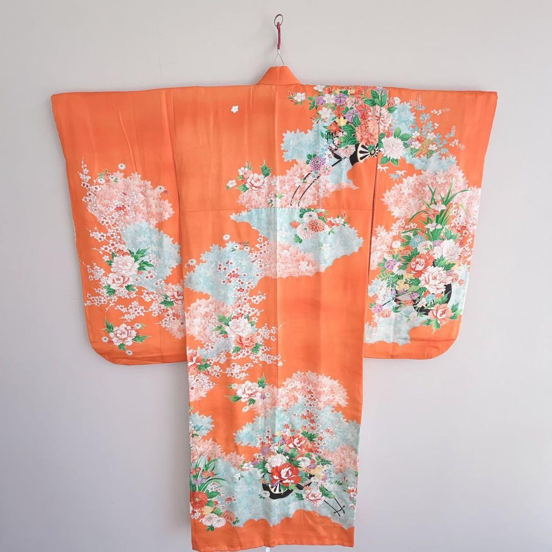 フルセット 七五三 7歳女の子 きもの　オレンジ色　牡丹　小物セット