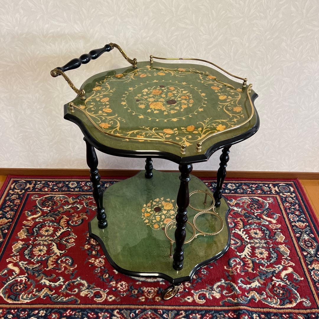 イタリア製　象嵌アンティーク家具　キッチンワゴン　サイドワゴン　キャスターワゴン