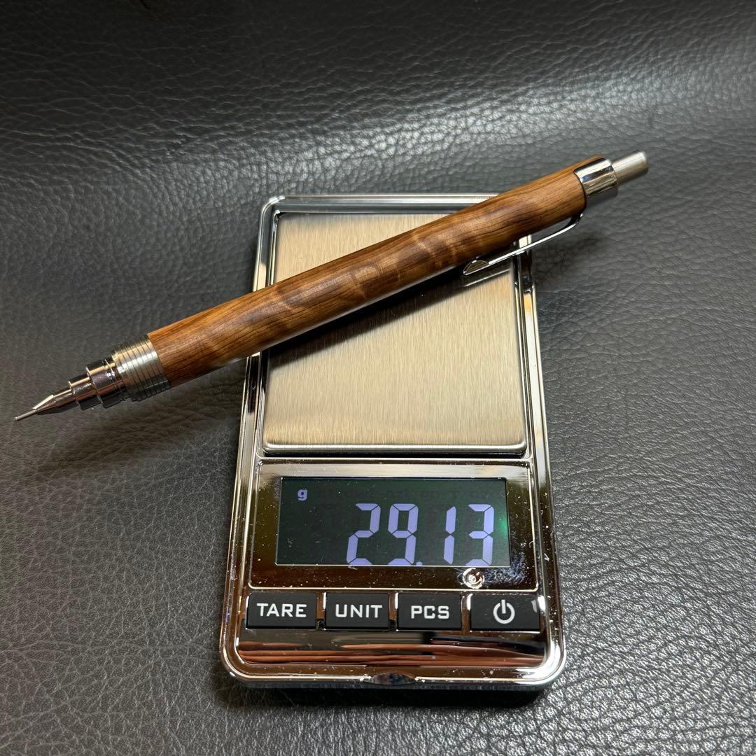 221屋久杉油木トラ杢　木製シャーペン　超低重心溝付き　ステンレス