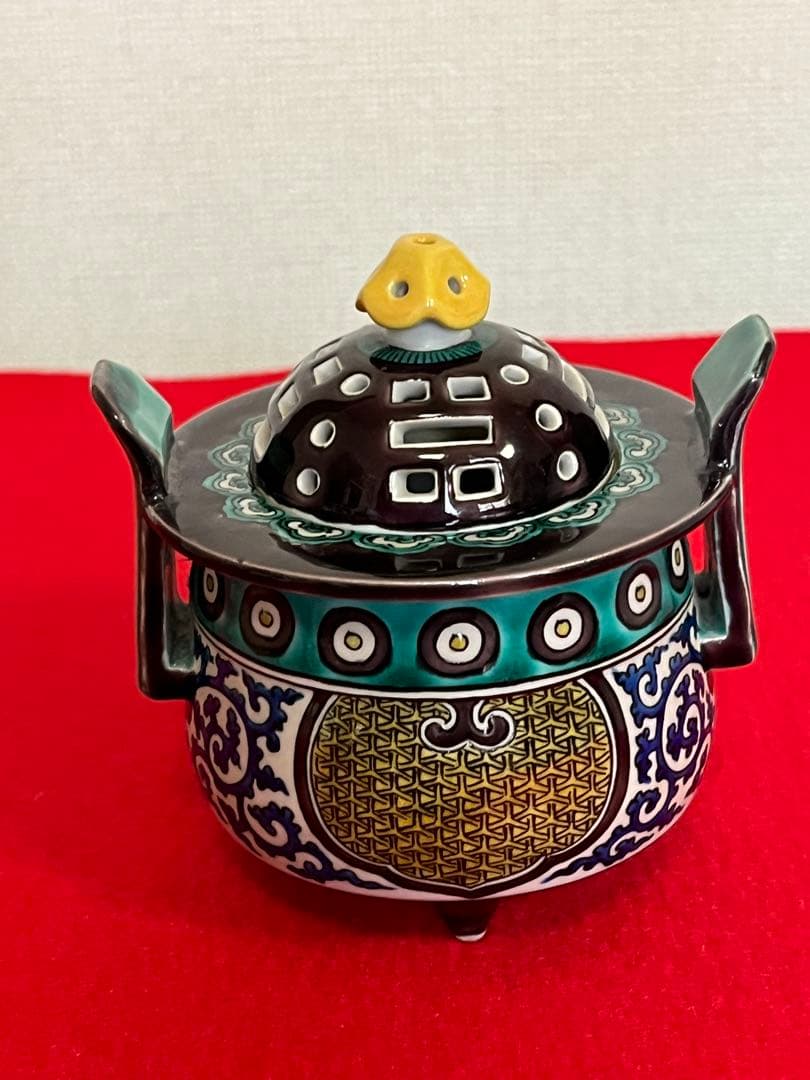 人間国宝 初代 徳田八十吉造 青手 三つ足 香炉 管理T296 共箱付き