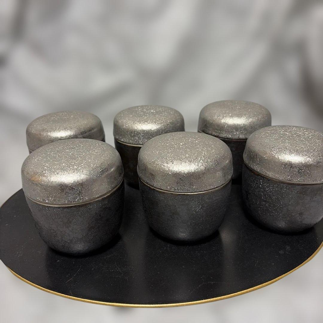 【有田焼】陶悦窯　黒晶銀塗り　蓋付蒸し碗　6個