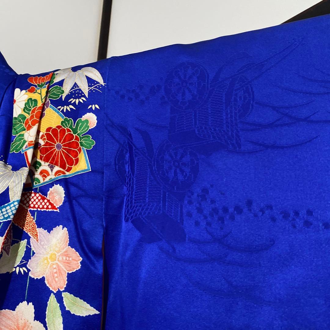 七五三　7歳　青　正絹　着物　このゆびとまれ