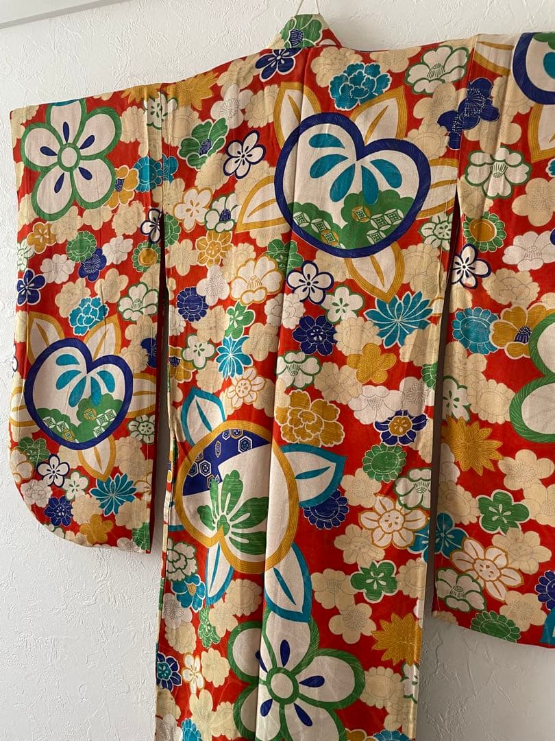 七五三　3歳　アンティークお着物セット　正絹白無地被布　髪飾り付き