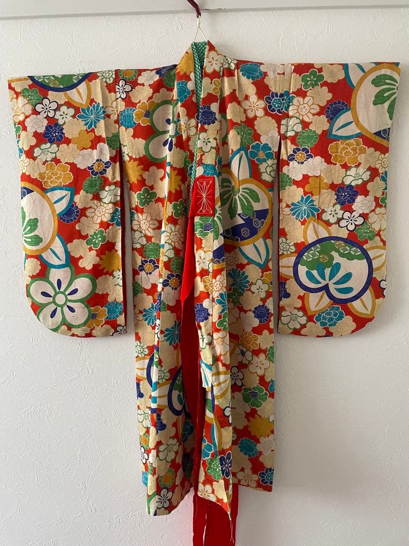 七五三　3歳　アンティークお着物セット　正絹白無地被布　髪飾り付き