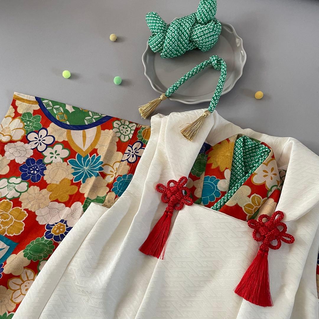 七五三　3歳　アンティークお着物セット　正絹白無地被布　髪飾り付き