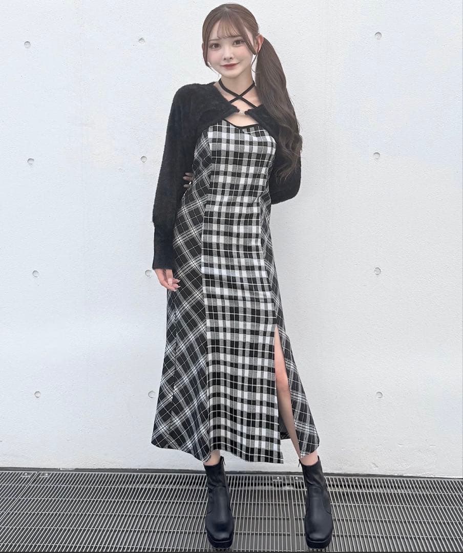 NOMAE ノーマエ シャギーボレロロングチェックワンピース ブラック 匿名配送