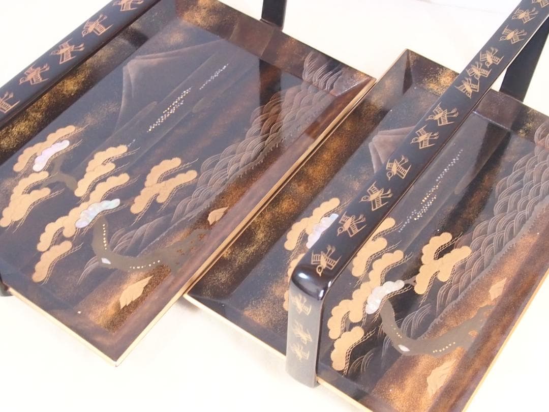 【骨董・良品】山水蒔絵 手付き盆 大小2点 三保の松原の図 古道具 検:輪島塗