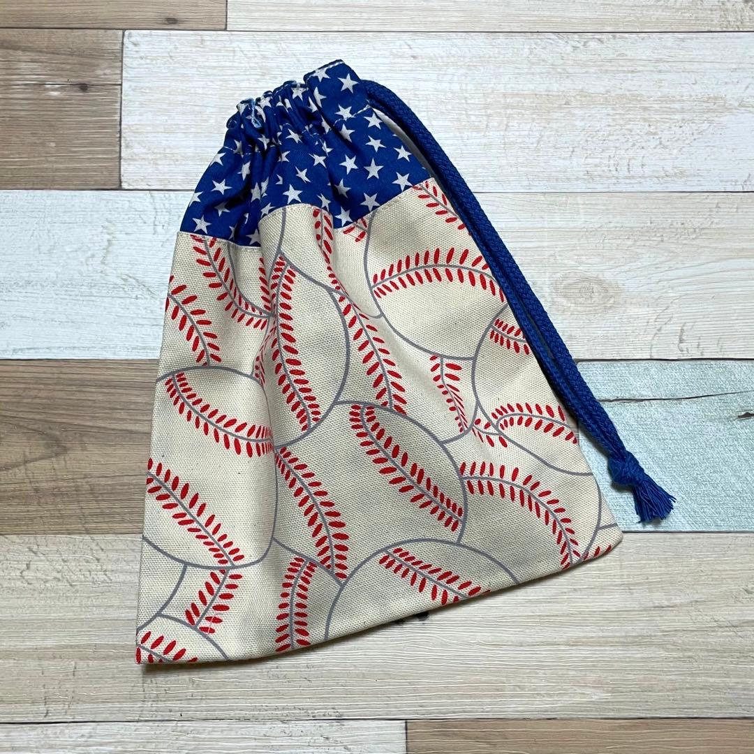 ハンドメイド★野球。ベースボール⚾プリント×星柄切替片側紐出し巾着。入園グッズ