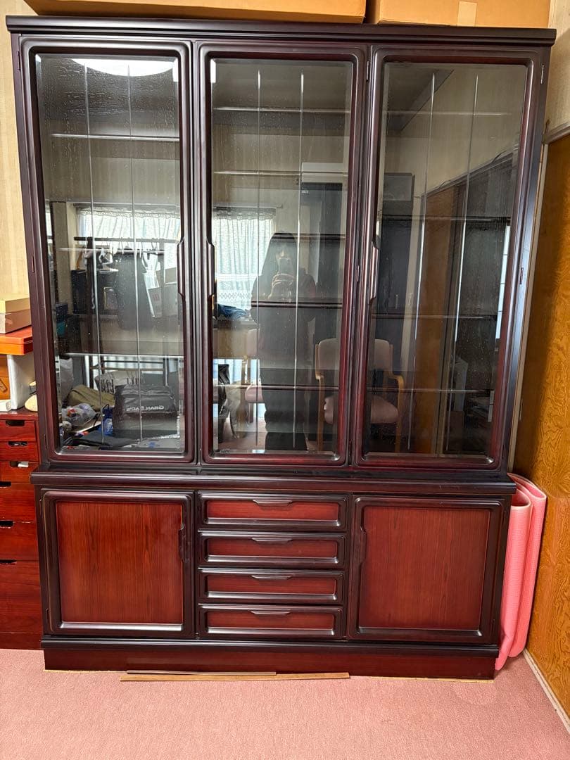 (コメント必須！)木製食器棚 本棚 ガラス扉付き キャビネット ブラウン 下段