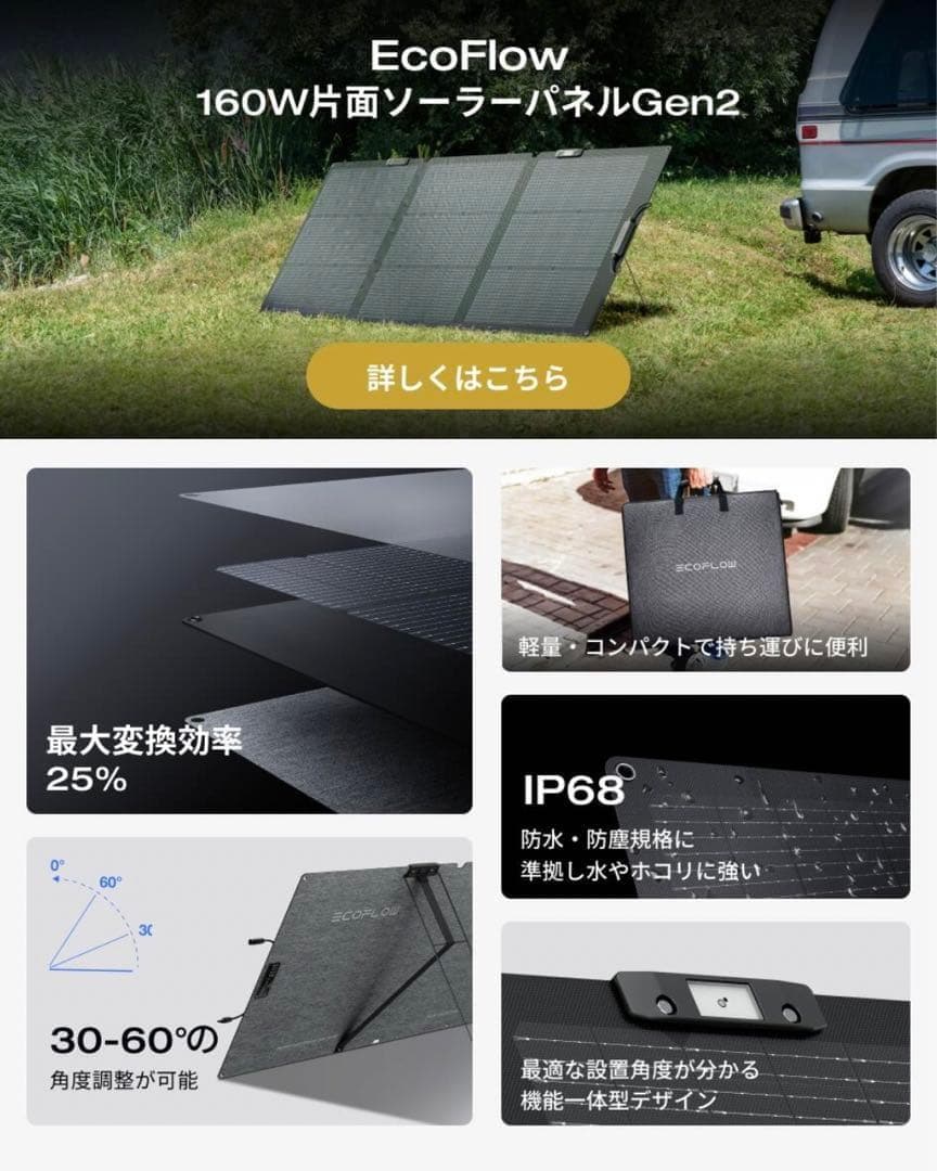 EcoFlowポータブル電源 DELTA 3+160Wソーラーパネル+専用バッグ