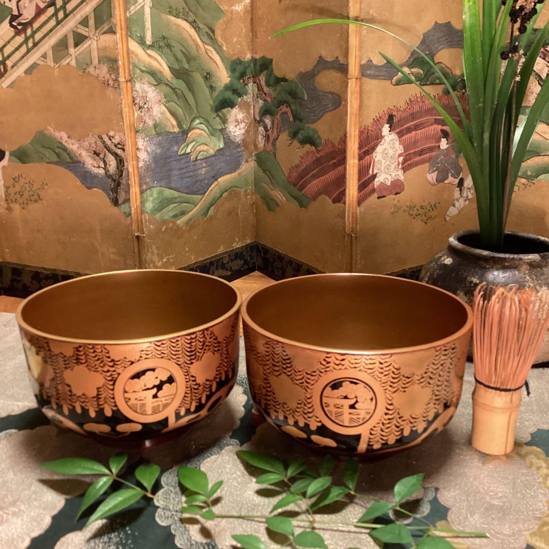 Ａ913 木製輪島塗　枝垂桜蒔絵　時代物　盃洗　1対　（合わせ箱付）